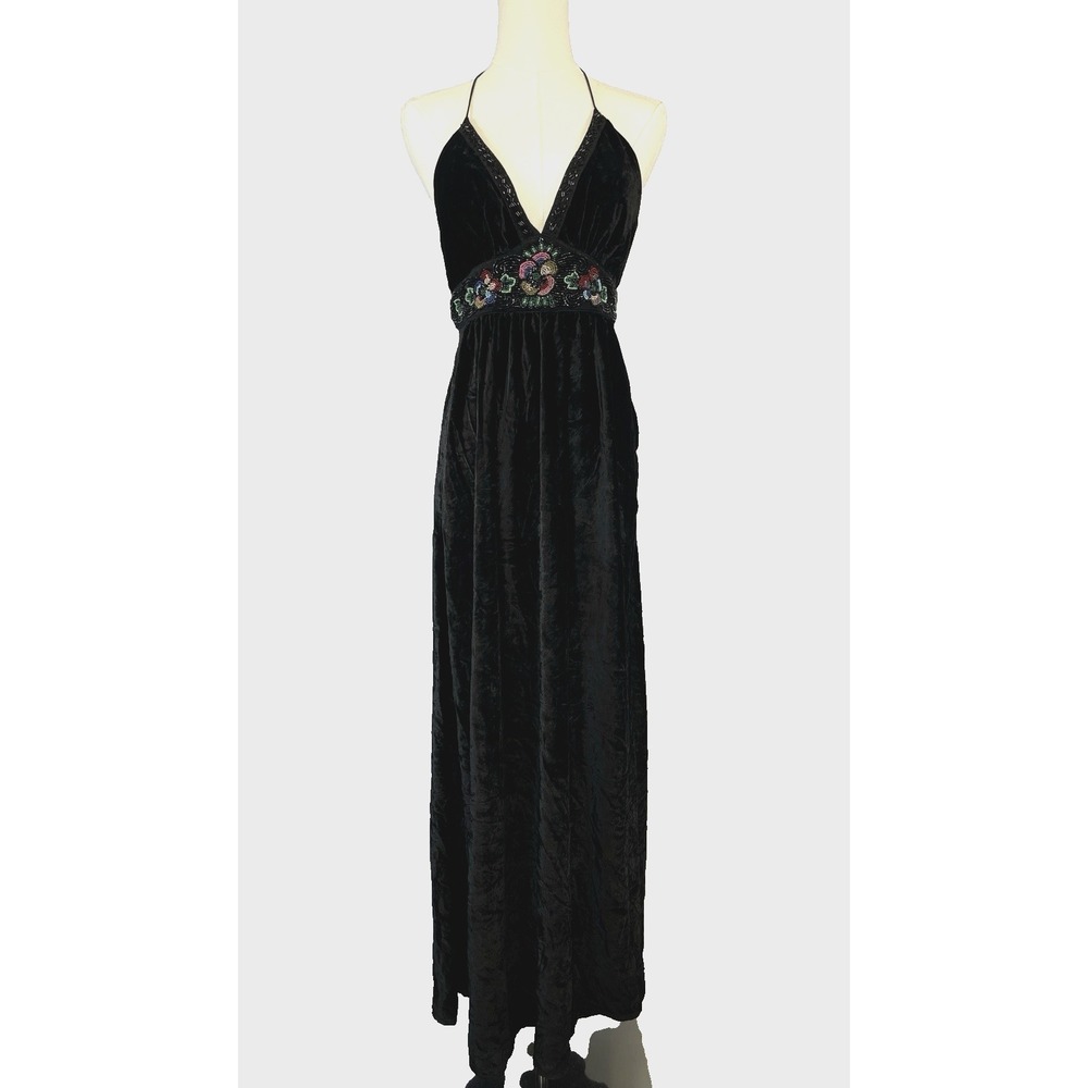 Womens Witchy Beaded Velvet Maxi Dress Size S Black Dark Boho Whimsical Gothic